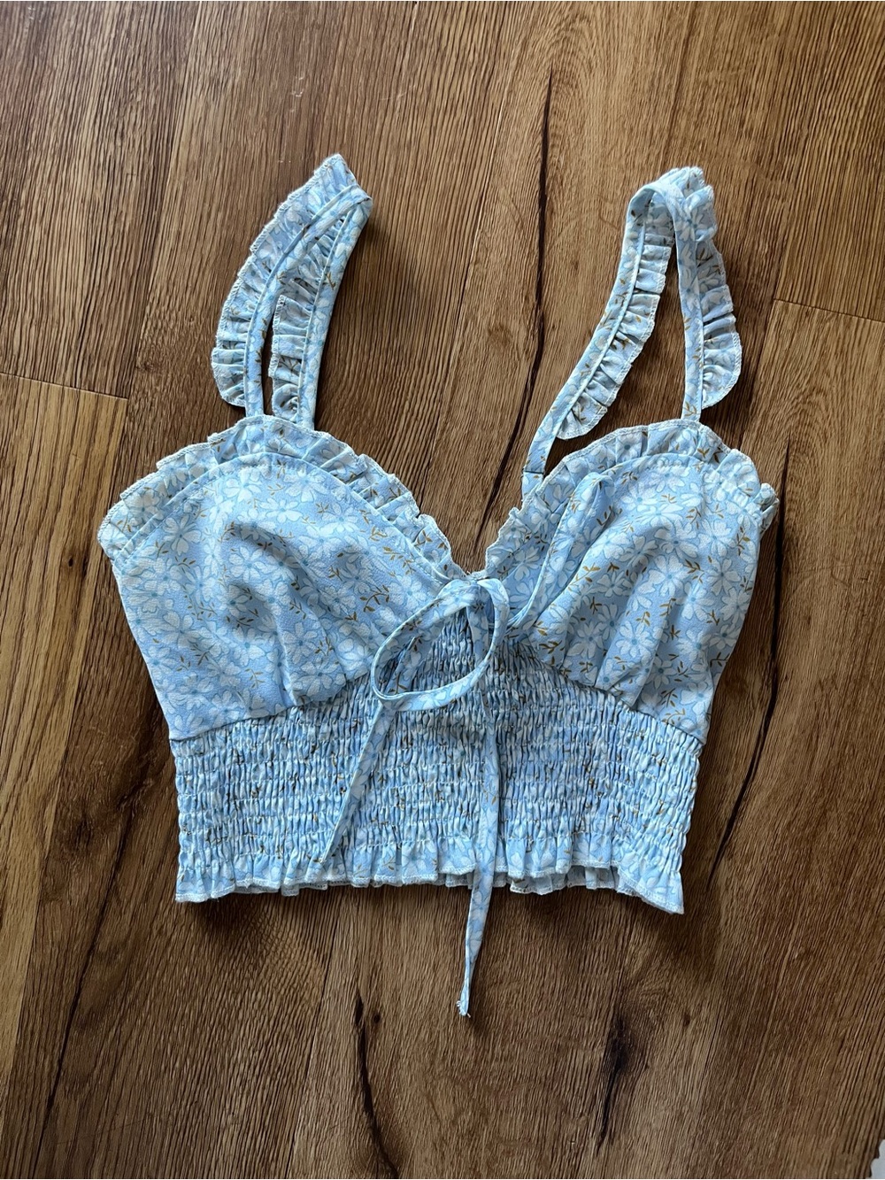 Light Blue Floral Ruffle Cropped Tank Top